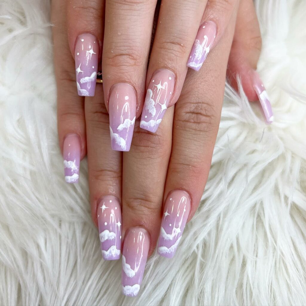 24 Latest Long Nail Designs To Try In 2024! 16 White and Pink Cloud Ombre Nails