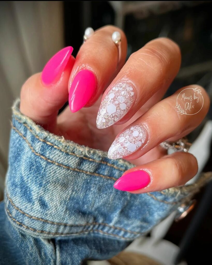 20 Stunning Valentine's Day Nail Designs Ideas To Try in 2024! 13 Whispers of Love: Playful Pink Hues and Glimmering Hearts