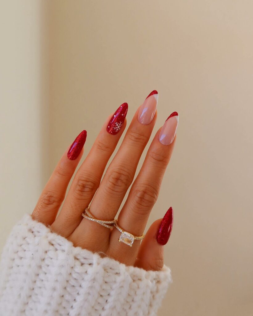 59 White Glitter Nail Designs To Try In 2024! 27 White and Wine-Red with Glitter