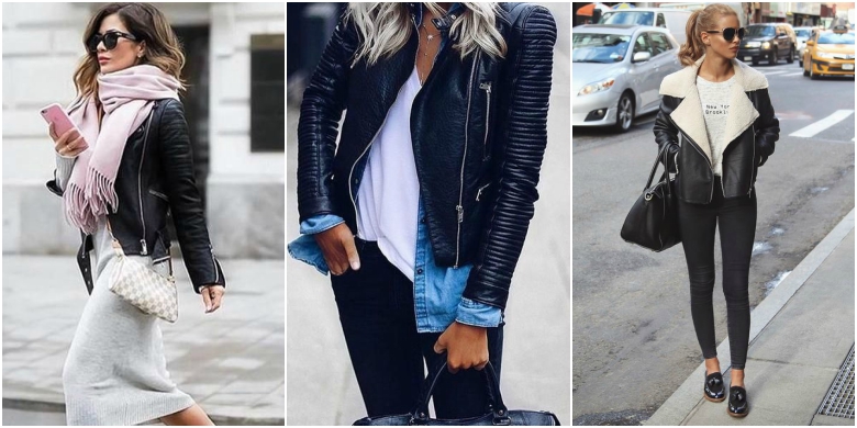 How to Wear a Leather Jacket All Year Round 23 Black leather jacket body con dress scarf white t-shirt denim shirt black jeans aviator leather jacket