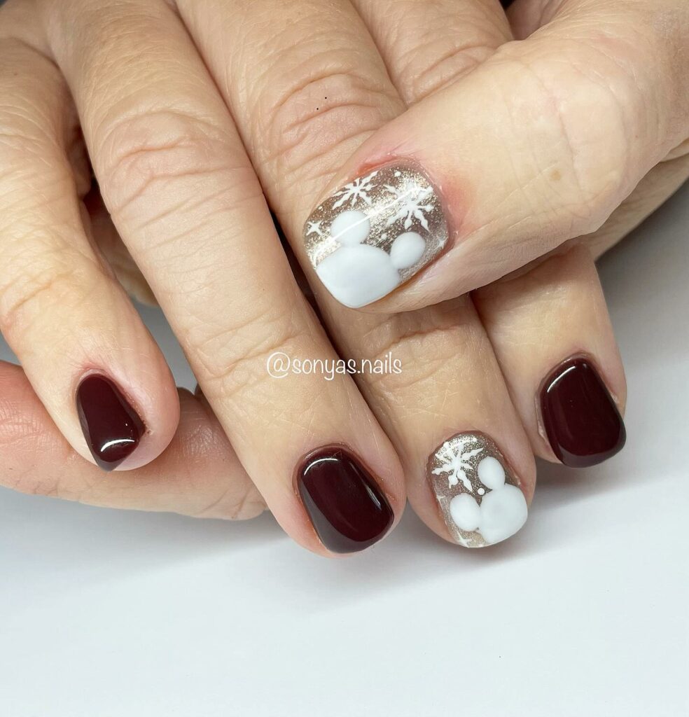 Immerse in Magic with 33 Disney Christmas Nail Ideas in 2024 41 Wintery Maroon and Silver Disney Christmas Nails