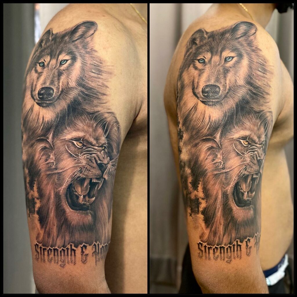 12+ Wolf Face Tattoo Ideas To Inspire You! 18 Wolf And Lion Detailed Tattoo