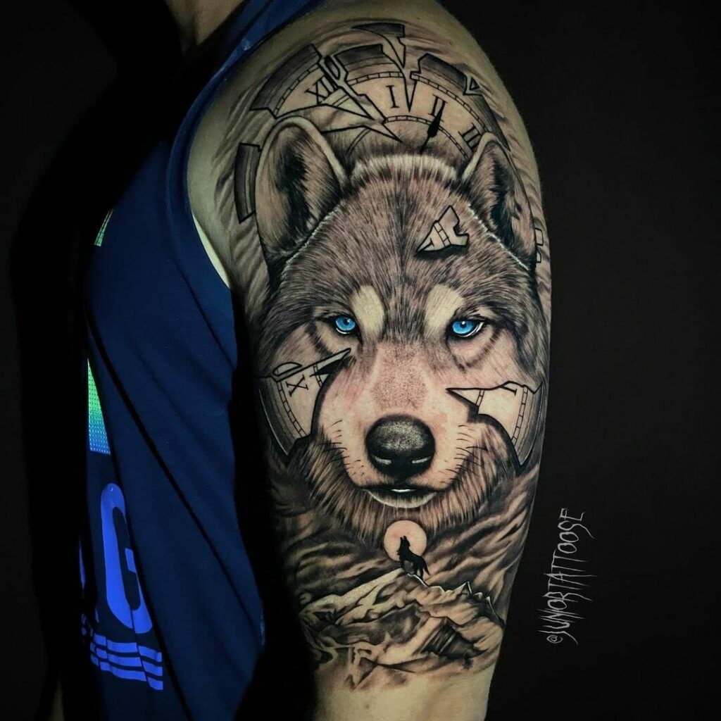 12+ Wolf Tattoo Sleeve Ideas To Inspire You! 19 Wolf Tattoo In A Broken Clock