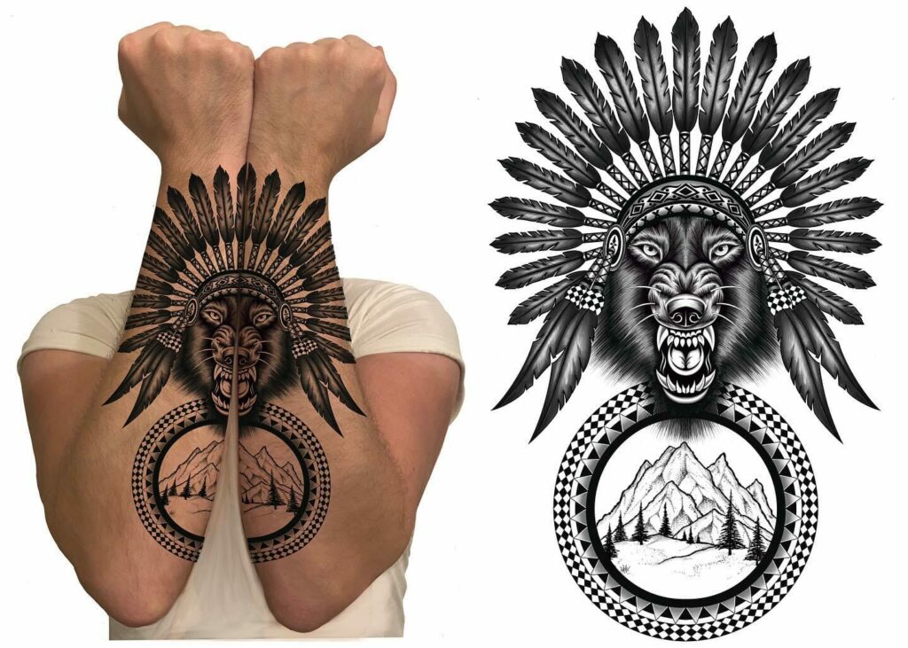 11+ Simple Tribal Wolf Tattoo Ideas That Will Blow Your Mind! 18 Wolf Wearing Tribal Headgear Tattoo
