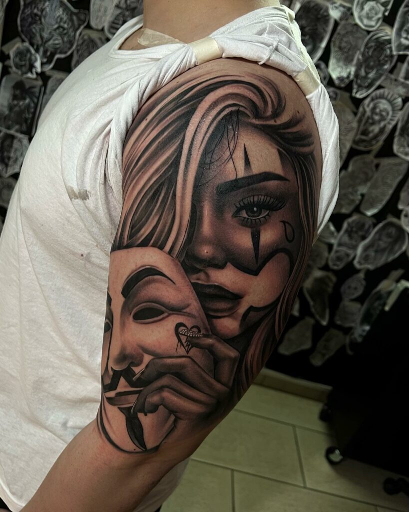10+ Chicano Tattoo Lettering Ideas That Will Blow Your Mind 18 Woman and Dali Mask Arm Tattoo