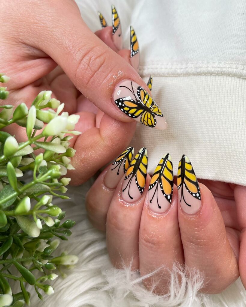 50 Latest Butterfly Nail Designs To try In 2024! 26 Yellow Butterfly on Stiletto Nails