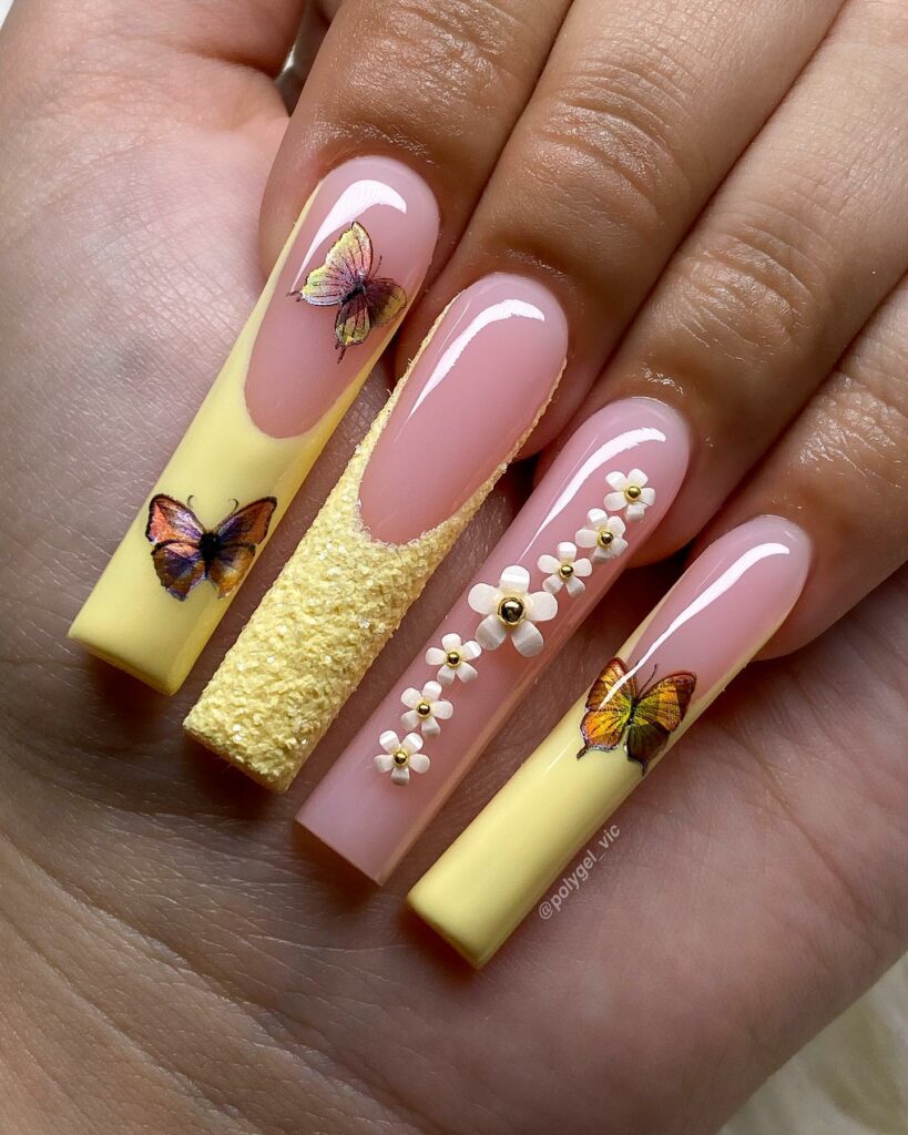 20 Latest Pink And Yellow Nail Ideas To Try In 2024! 14 Acrylic Yellow Nails with Butterfly and Floral