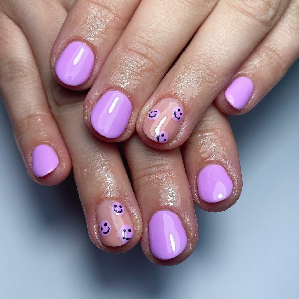 34 Latest Glossy Purple Nail Design Guides To Follow In 2024! 20 Yellow Smiley Light Purple nails