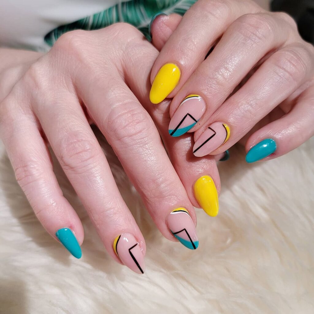 50 Latest February Yellow Nail Designs To Try in 2024! 39 Geometric Blue and Yellow Nails