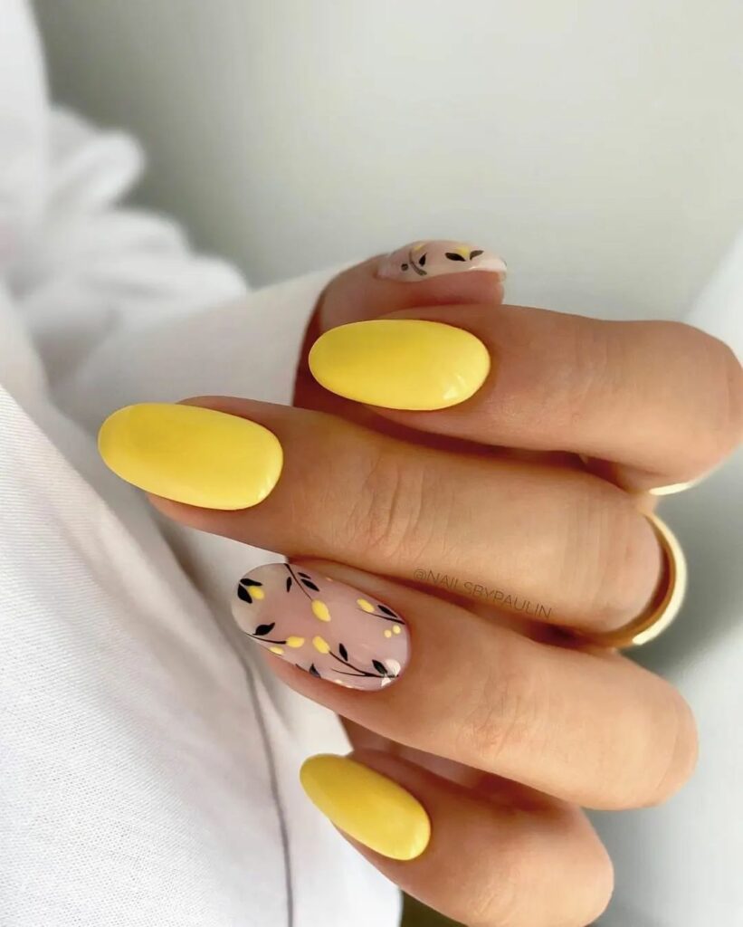 50 Latest February Yellow Nail Designs To Try in 2024! 13 Almond Yellow Nails with Blossoming Accents
