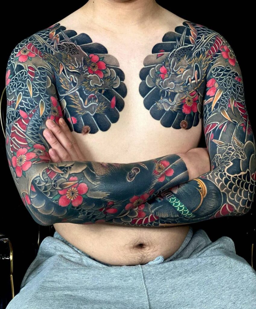 11+ Dragon Sleeve Tattoo Ideas You'll Have to See to Believe! 14 Yin-Yang Full Sleeve Japanese Dragon Tattoo Design For The Spiritual People
