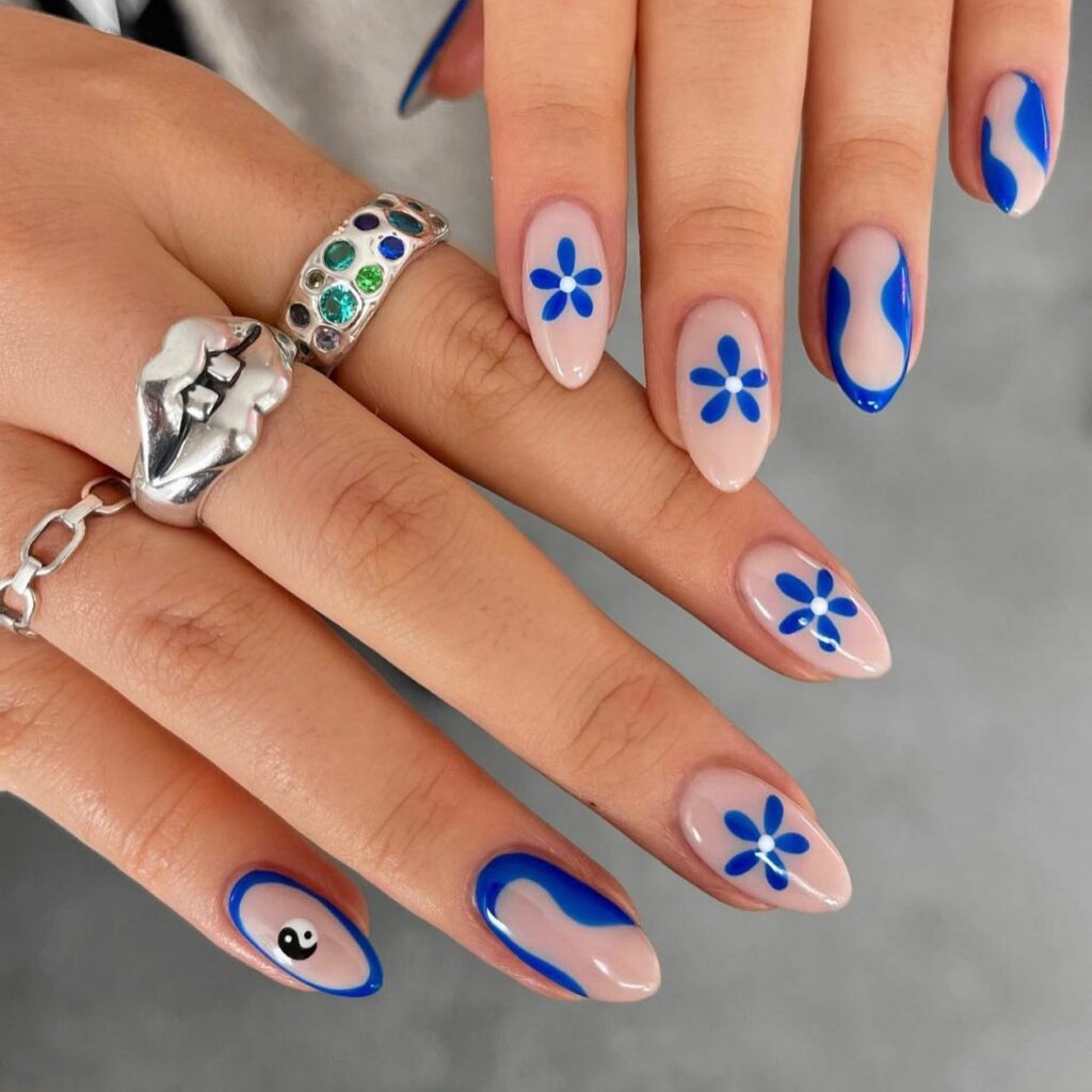27 Latest Yin-Yang Nail Designs To Try In 2024! 35 Yin Yang Nails with Floral Blue Accents
