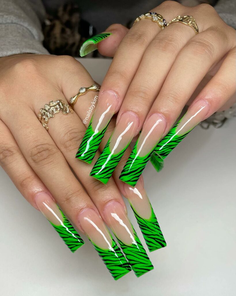 Try in 2024: 50 Latest Neon Green Nail Designs 28 Zigzag neon green french nails instagram