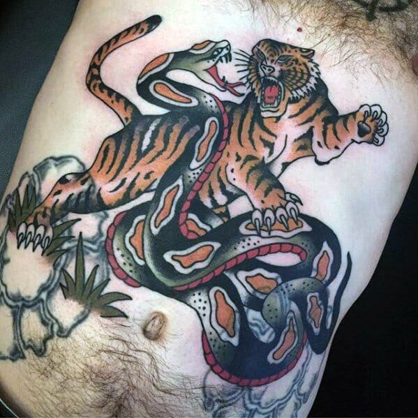 28 Latest Old School Tattoos To Inspire You In 2024! 29 Tiger & Snake Chest Tattoo
