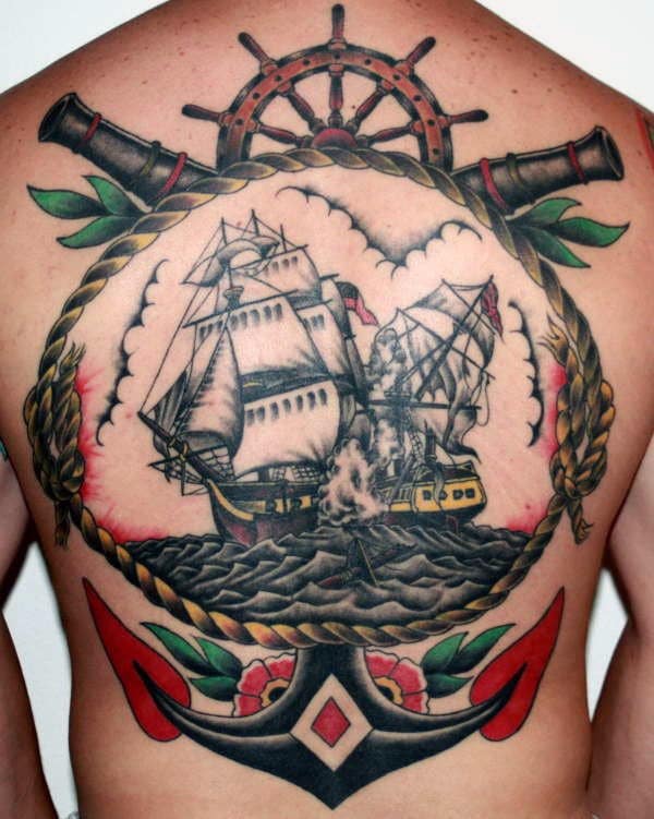 28 Latest Old School Tattoos To Inspire You In 2024! 10 Anchor with Ship Traditional Back Tattoo