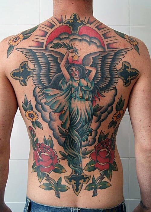 28 Latest Old School Tattoos To Inspire You In 2024! 11 Angel Traditional Back Tattoo