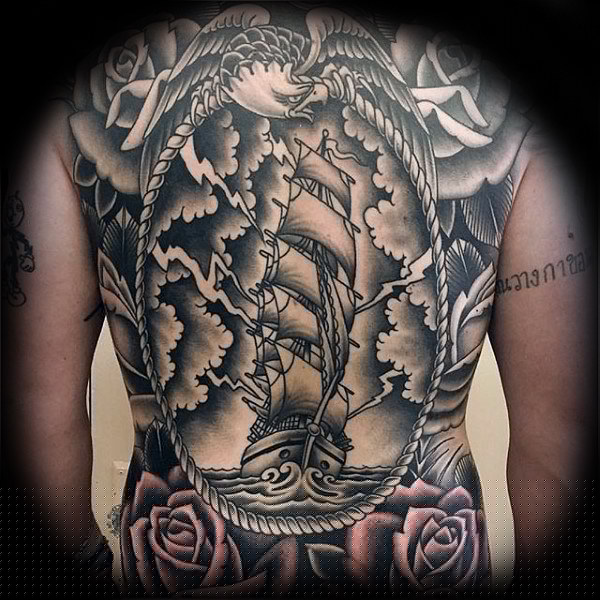 28 Latest Old School Tattoos To Inspire You In 2024! 13 Sailing Ship Back Tattoo