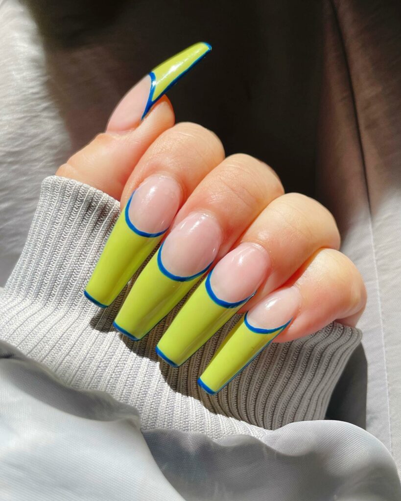 Try in 2024: 50 Latest Neon Green Nail Designs 17 blue Neon green french nails