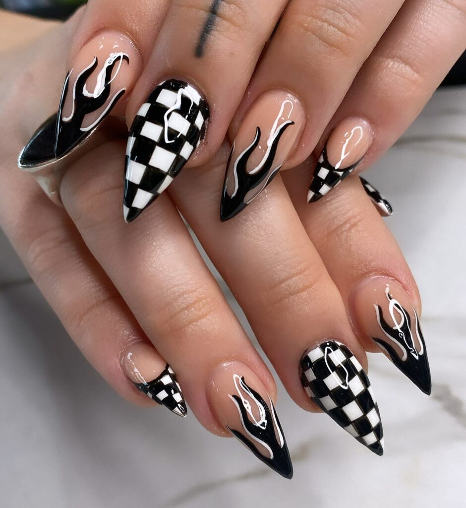 35 Latest Short Stiletto Nail Ideas to Try in 2024! 34 Checkerboard Patterns on Short Stiletto Nails