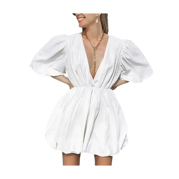 brilliantme Womens Lantern Sleeve Casual Dress Solid Color Deep V Neck Ruffled A Line Vintage Mini Dress