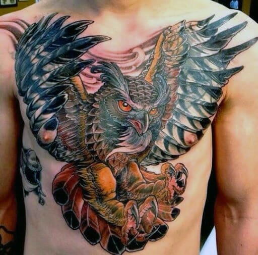 33 Latest Owl Tattoos To Inspire You In 2024! 41 Chest Owl Flying Tattoo