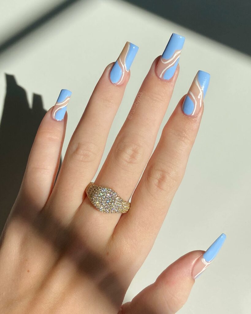22 Latest Preppy Nail Ideas To Try In 2024! 21 Coffin with Blue Swirl Preppy Nails