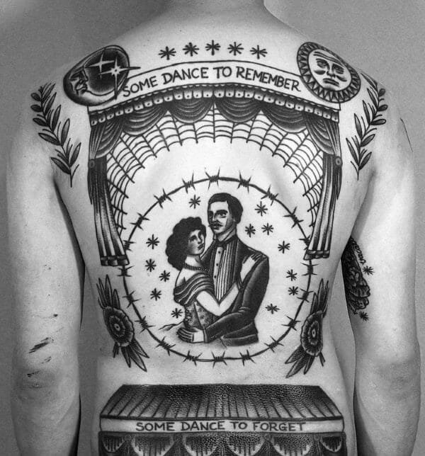 28 Latest Old School Tattoos To Inspire You In 2024! 22 On Stage Back Tattoo