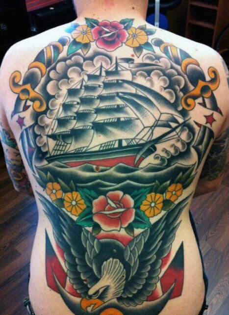 28 Latest Old School Tattoos To Inspire You In 2024! 21 Nautical Themed Back Tattoo