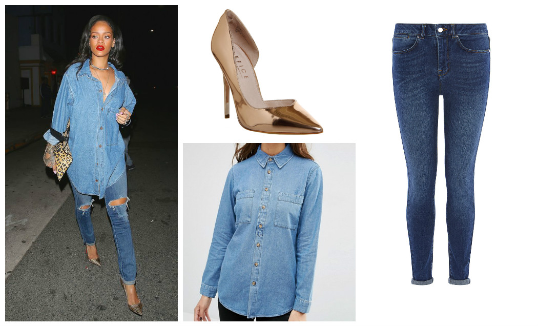 How To Wear Denim Shirts 31 denim-on-denim-denim-shirt-denim-jeans-rose-gold-heels-rihanna