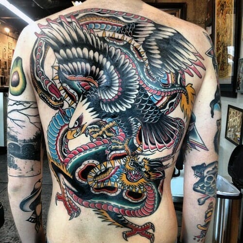 28 Latest Old School Tattoos To Inspire You In 2024! 20 Eagle & Dragon Back Tattoo