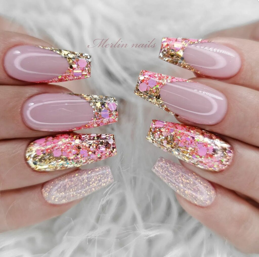 Shine Bright with 50 Rose Gold Nail Designs for 2024 17 glitter rose gold nail
