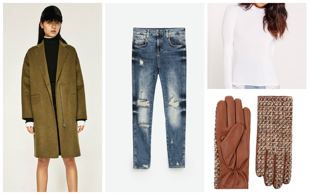 What To Wear For New Year's Eve 14 green-jacket-jeans-white-top-gloves-outfit-grid New Year's Eve