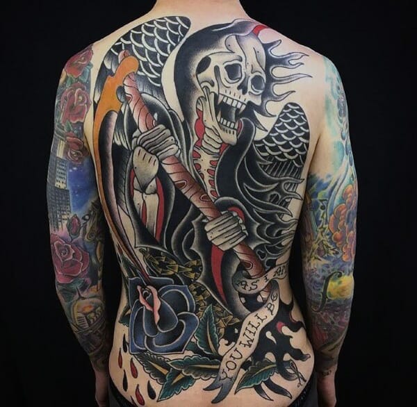 28 Latest Old School Tattoos To Inspire You In 2024! 27 Grim Reaper Back Tattoo
