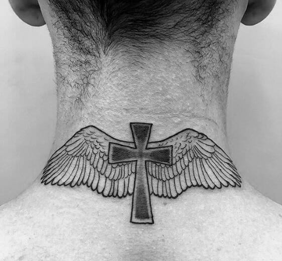 33 Latest Cross Tattoos To Inspire You In 2024! 11 Winged Neck Cross Tattoo