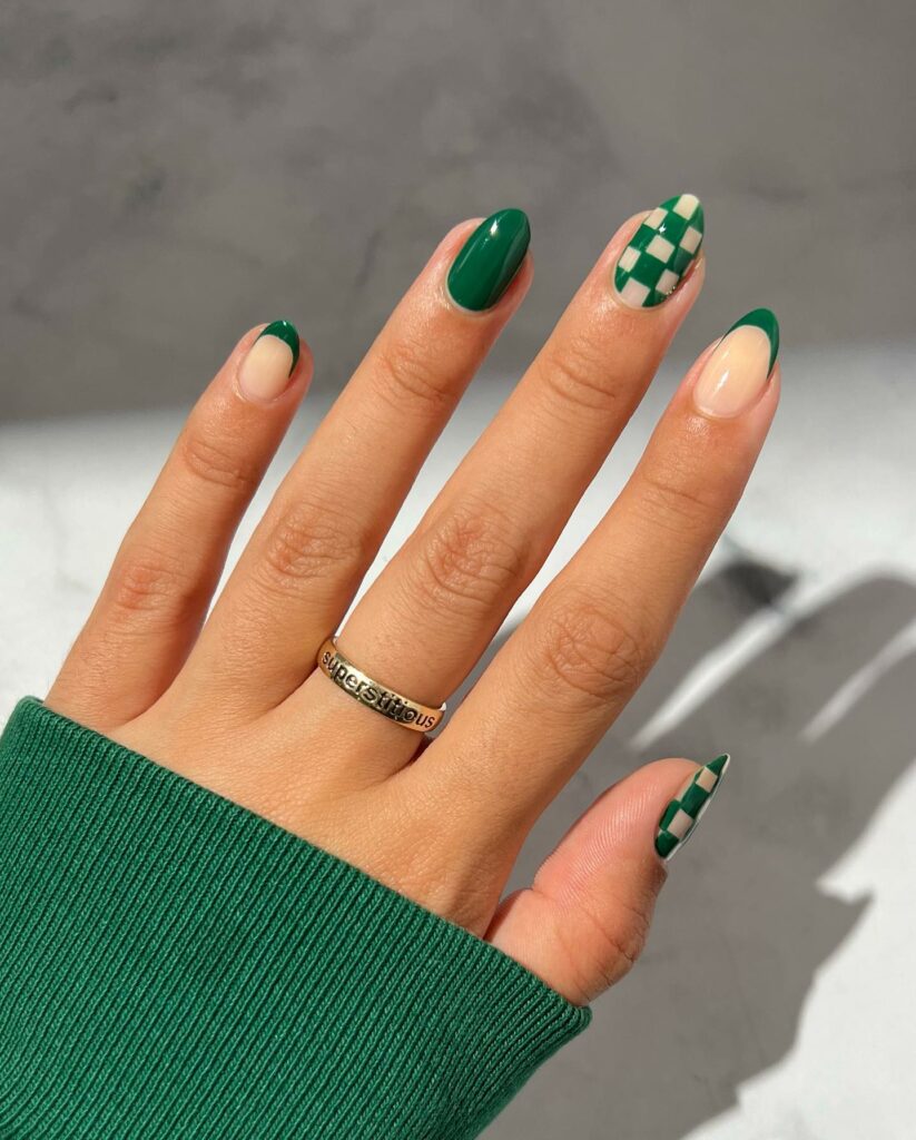 Feel the Nature with 31 Forest Green Nail Designs in 2024 26 Forest Green Nails with a Checkerboard Twist