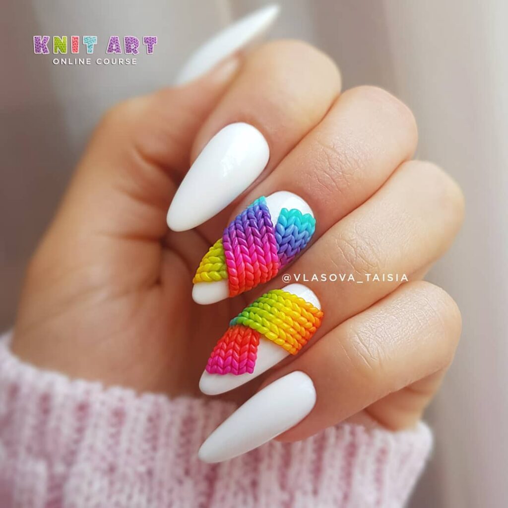 25 Latest Sweater Nail Designs To Try In 2024! 21 Rainbow Weave Wonder
