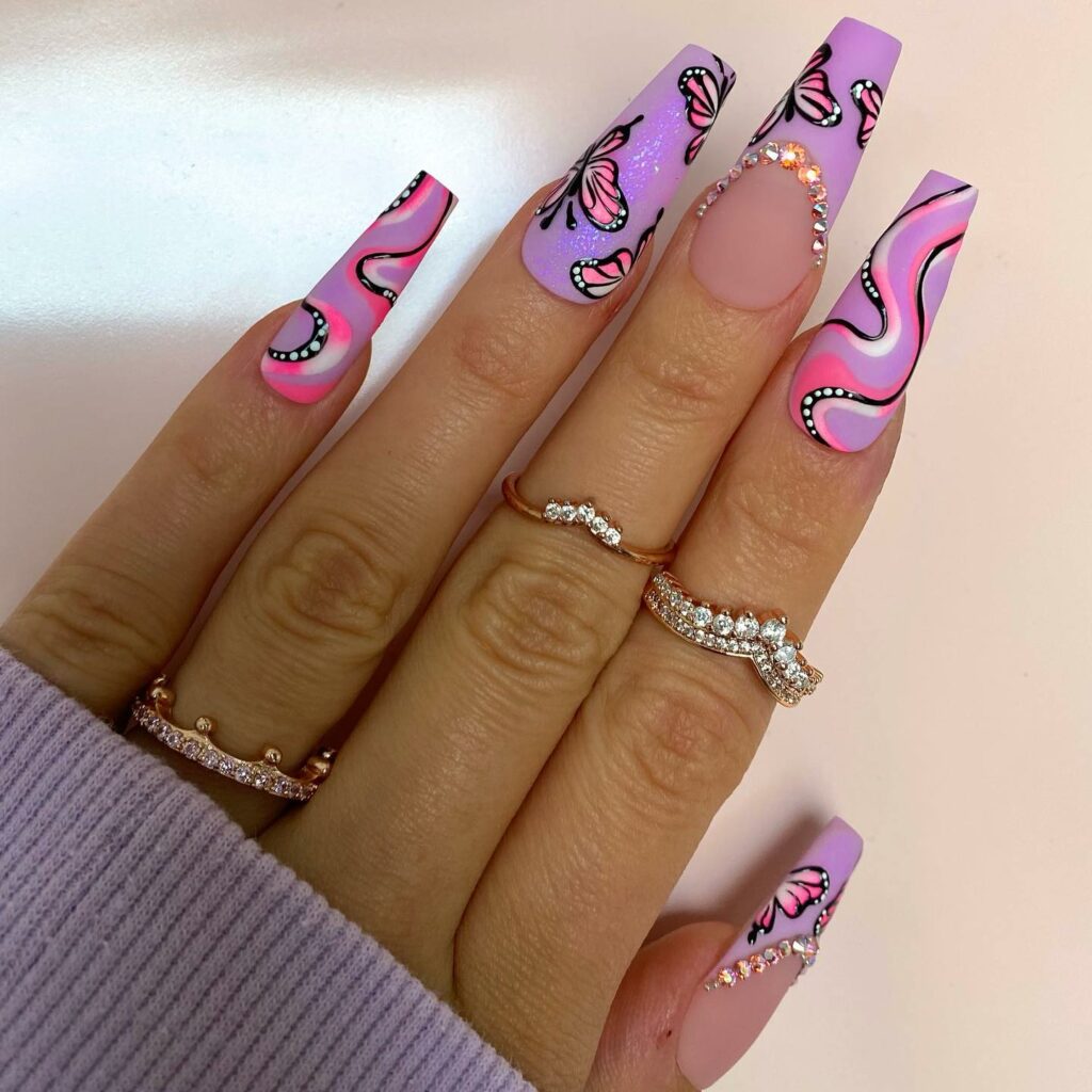 40 Latest Trendy Nail Ideas To Try In 2024! 48 Purple Coffin Trendy Nails With Butterfly Design