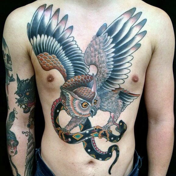 33 Latest Owl Tattoos To Inspire You In 2024! 33 Owl Flying With Snake