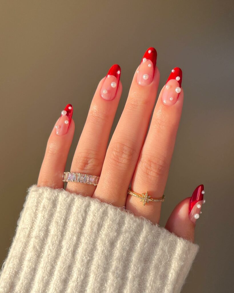 Explore 40 Red French Tip Nail Designs for 2024 13 pearl red french nails