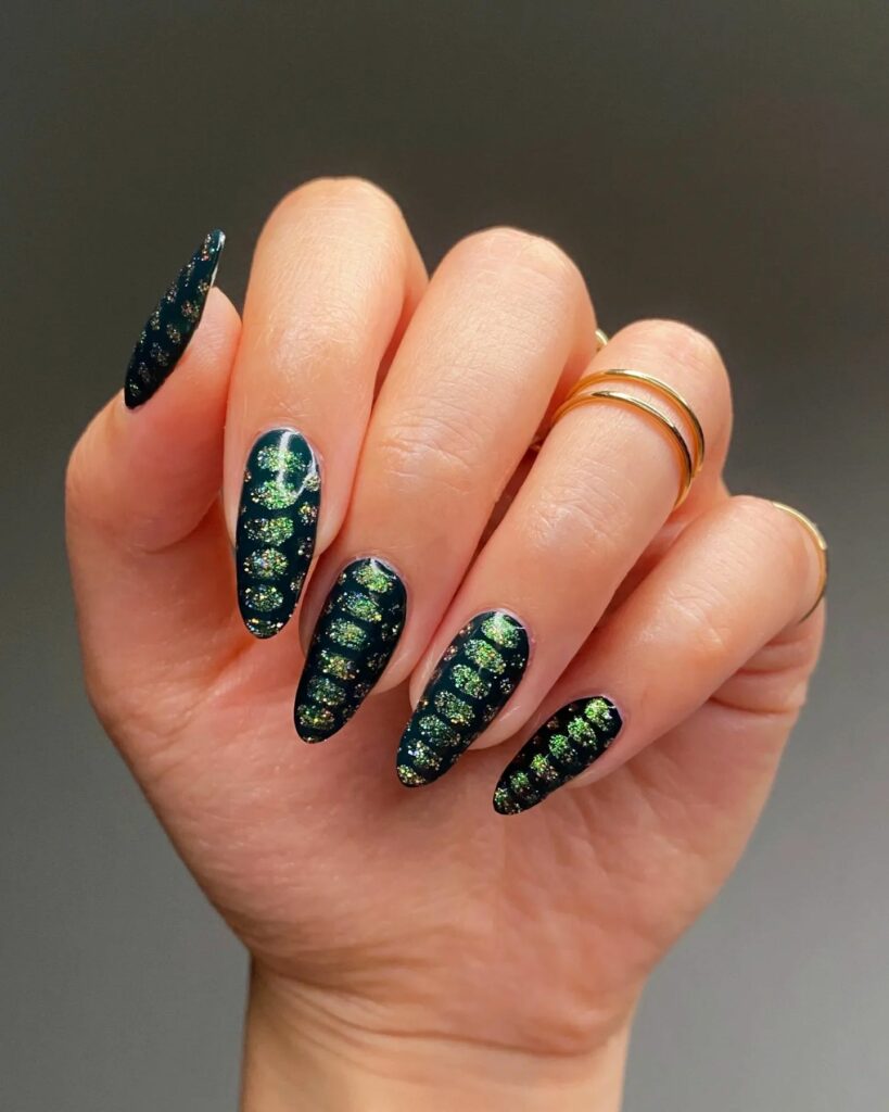 40 Latest Dark Green Nail Ideas To Try In 2024! 47 reptile Dark Green Nail
