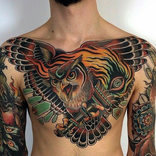 33 Latest Owl Tattoos To Inspire You In 2024! 30 Simple Colorful Owl Tattoo On Chest