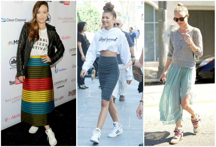 How to Wear High Tops 33 Olivia Wilde and Kate Bosworth high top sneakers and midi skirts