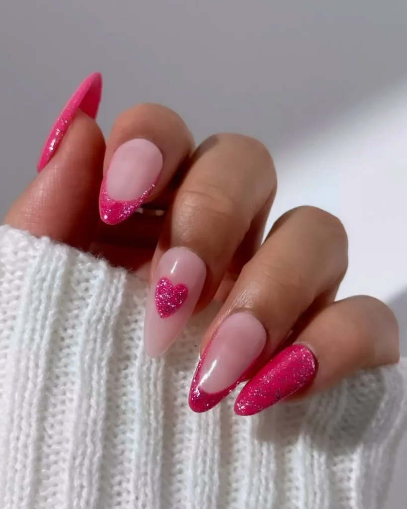 16 Cute Valentine’s Day Nail Designs To Try in 2024! 💅💅 19 Valentine's Sparkle: Glittery Hearts on Sheer Pink