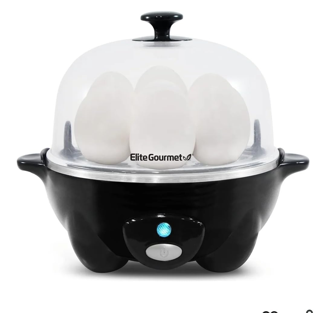 Elite Gourmet EGC-007B# Rapid Egg Cooker, 7 Easy-To-Peel, Hard, Medium, Soft Boiled Eggs, Poacher, Omelet Maker, Auto Shut-Off, Alarm, 16-Recipe Booklet, Black customer photo 1