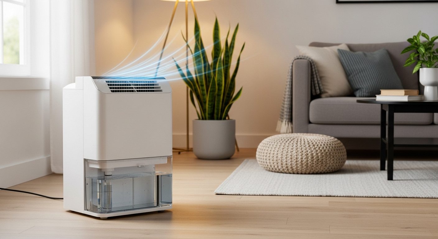 Best Dehumidifiers 2026: 11 Expert-Tested Picks for Basements & Mold White dehumidifier running in a modern living room, showing airflow and a clear water tank beside a sofa and houseplants.