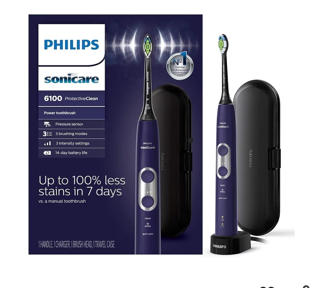 Philips Sonicare ProtectiveClean 6100 Rechargeable Electric Toothbrush, with Pressure Sensor, 3 Cleaning Modes, SmarTimer and QuadPacer, 14-Day Battery Life, Travel Case, White, Model HX6877/21 customer photo 1