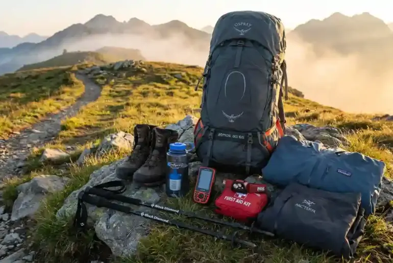 Essential hiking gear including a backpack, hiking boots, trekking poles, water bottle, and camping accessories on a mountain trail
