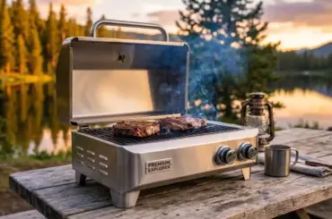 A high-quality portable grill on a picnic table at a campsite, highlighting the best outdoor cooking equipment for travel and camping.