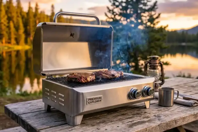 A high-quality portable grill on a picnic table at a campsite, highlighting the best outdoor cooking equipment for travel and camping.