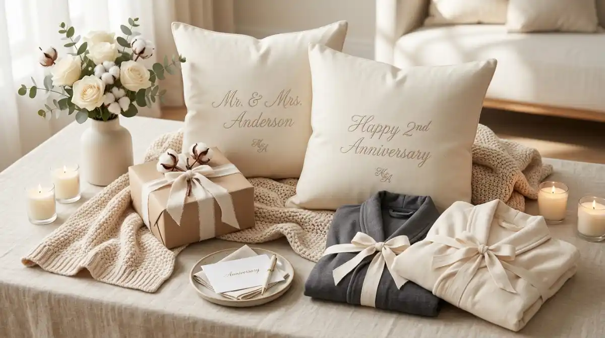 15 Best Cotton 2nd Anniversary Gifts 2026 Couples Love Romantic cotton anniversary gift ideas arranged with elegant couple-themed decorations for a second wedding anniversary celebration
